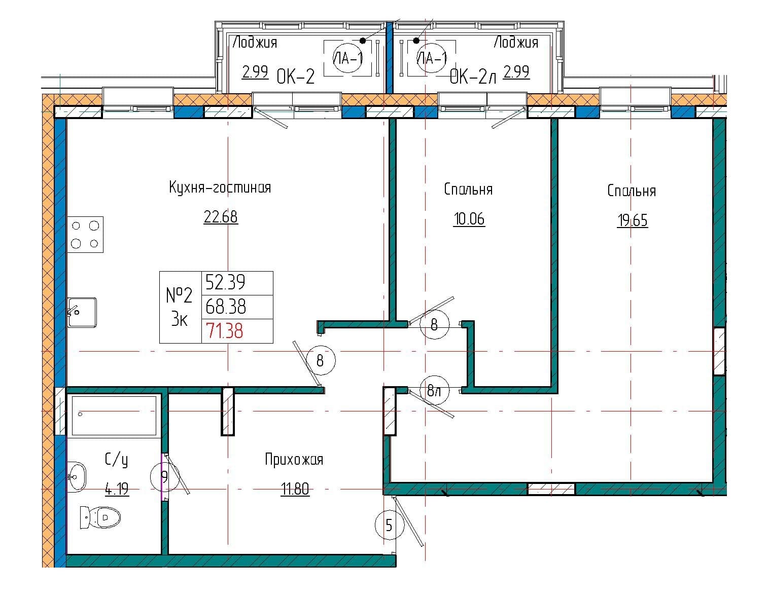 Планировка: Лот 02c98432: квартира №2, секция 1, 3-комнатная квартира 71,38 м² в ЖК на ул. Кузьмина