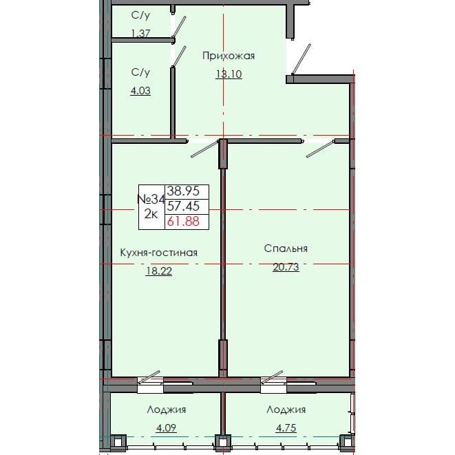 Планировка: Лот 0b9bcaca: квартира №34, секция 2, 2-комнатная квартира 61,88 м² в ЖК "Звездный", С5