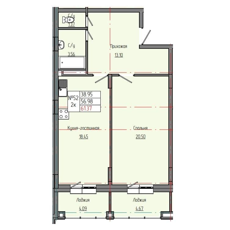 Планировка: Лот 1038630f: квартира №52, секция 2, 2-комнатная квартира 61,37 м² в ЖК "Звездный", С4