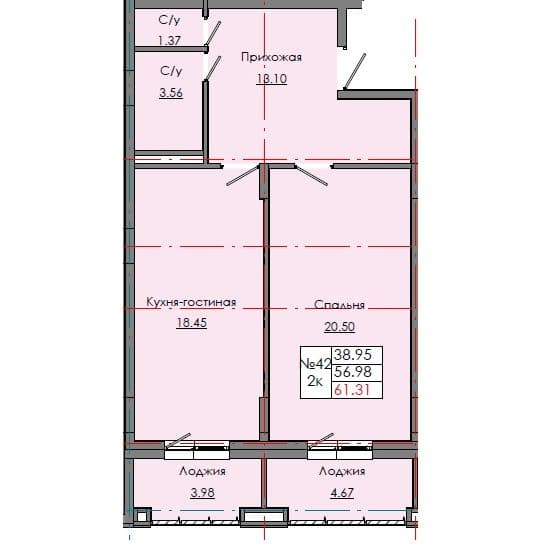 Планировка: Лот 1c373c69: квартира №42, секция 2, 2-комнатная квартира 61,31 м² в ЖК "Звездный", С5