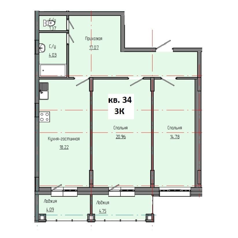 Планировка: Лот 1ecf7286: квартира №34, секция 2, 3-комнатная квартира 80,86 м² в ЖК "Звездный", С4