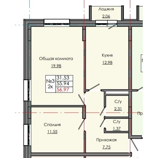 Планировка: Лот 2d3f39a7: квартира №3, секция 1, 2-комнатная квартира 56,97 м² в ЖК "Звездный", С5