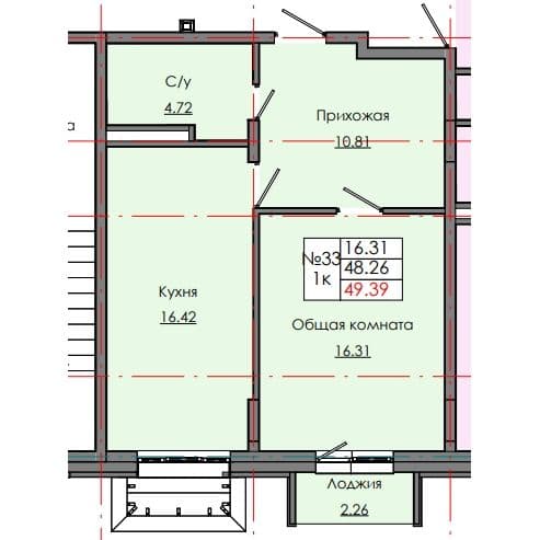 Планировка: Лот 30e8ae7f: квартира №33, секция 1, 1-комнатная квартира 49,39 м² в ЖК "Звездный", С5