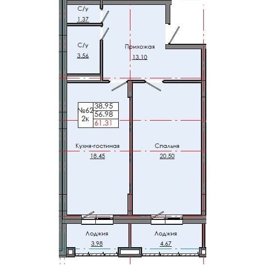 Планировка: Лот 31a9332c: квартира №62, секция 2, 2-комнатная квартира 61,31 м² в ЖК "Звездный", С5