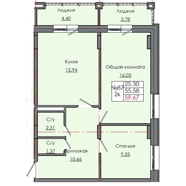 Планировка: Лот 32753736: квартира №87, секция 3, 2-комнатная квартира 59,67 м² в ЖК "Звездный", С5