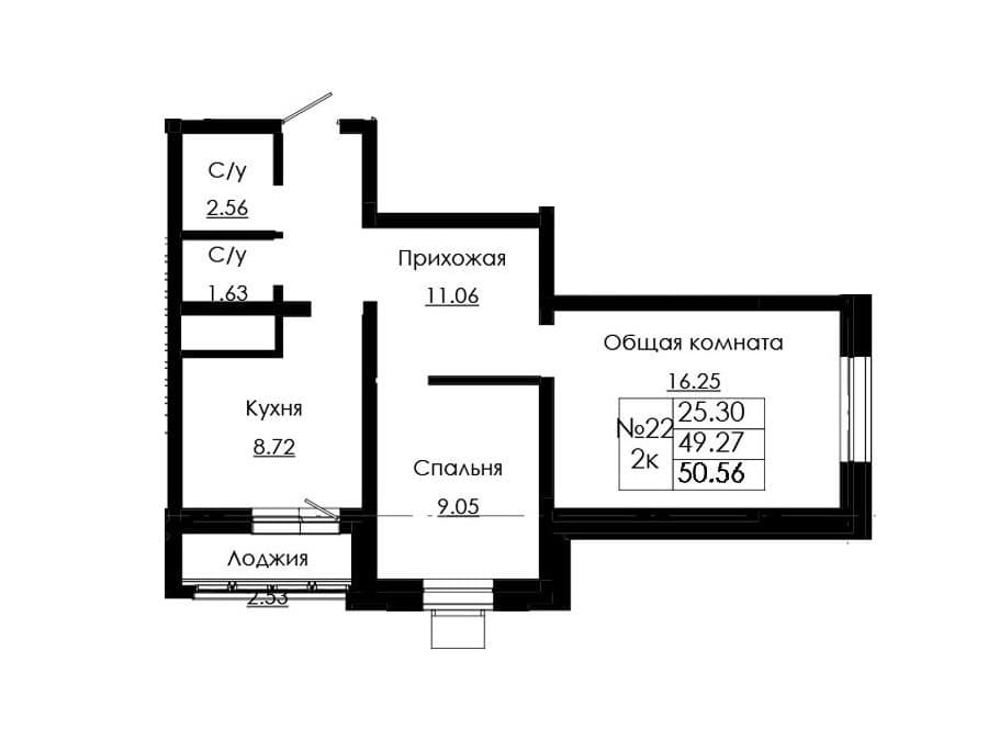 Планировка: Лот 33648dcc: квартира №166, секция 1, 2-комнатная квартира 50,56 м² в ЖК по ул. Красноярова