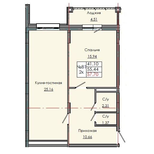 Планировка: Лот 3898831e: квартира №81, секция 3, 2-комнатная квартира 57,7 м² в ЖК "Звездный", С5