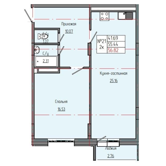 Планировка: Лот 3a952cd6: квартира №21, секция 1, 2-комнатная квартира 56,82 м² в ЖК "Звездный", С4