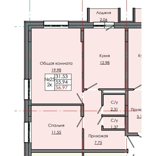 Планировка: Лот 3cf4a861: квартира №25, секция 1, 2-комнатная квартира 56,97 м² в ЖК "Звездный", С5