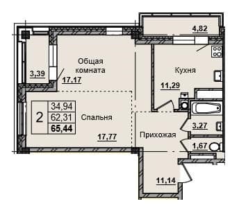 Планировка: Лот 3fc501b5: квартира №140, секция 1, 2-комнатная квартира 65,44 м² в ЖК "Алгыс" 1 этап