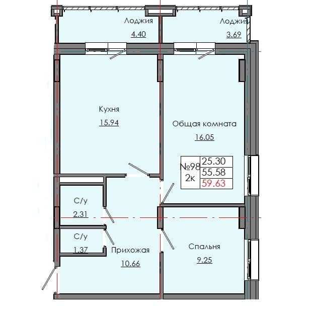 Планировка: Лот 426d7c62: квартира №98, секция 3, 2-комнатная квартира 59,63 м² в ЖК "Звездный", С5