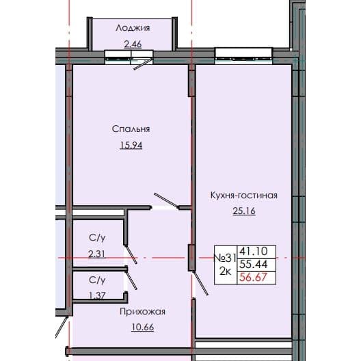 Планировка: Лот 51174a22: квартира №31, секция 1, 2-комнатная квартира 56,67 м² в ЖК "Звездный", С5