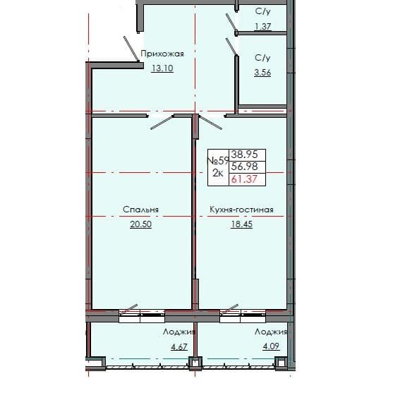 Планировка: Лот 595f1648: квартира №59, секция 2, 2-комнатная квартира 61,37 м² в ЖК "Звездный", С5