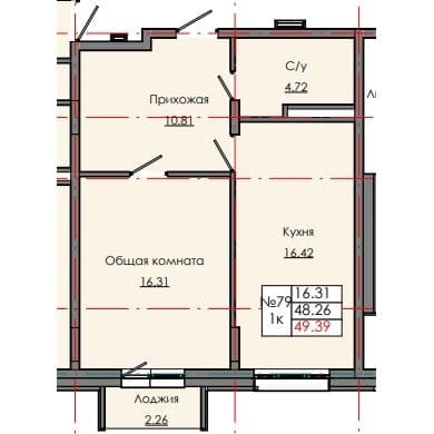 Планировка: Лот 5f19b5c7: квартира №79, секция 3, 1-комнатная квартира 49,39 м² в ЖК "Звездный", С5