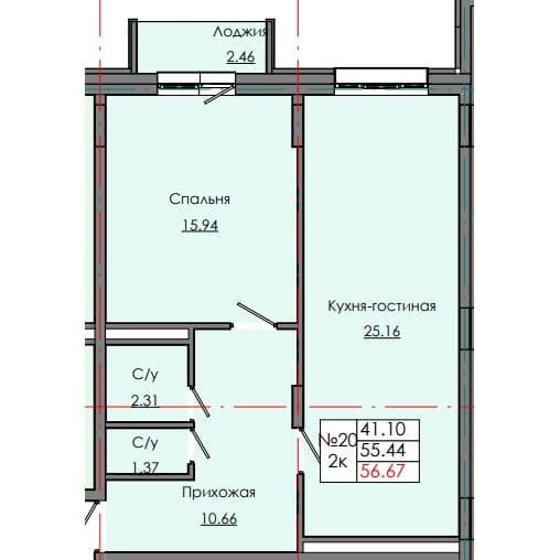 Планировка: Лот 63e8aac3: квартира №20, секция 1, 2-комнатная квартира 56,67 м² в ЖК "Звездный", С5