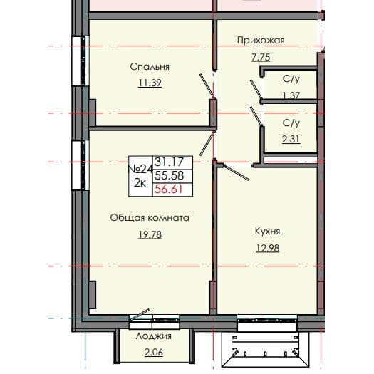 Планировка: Лот 64473e17: квартира №24, секция 1, 2-комнатная квартира 56,61 м² в ЖК "Звездный", С5
