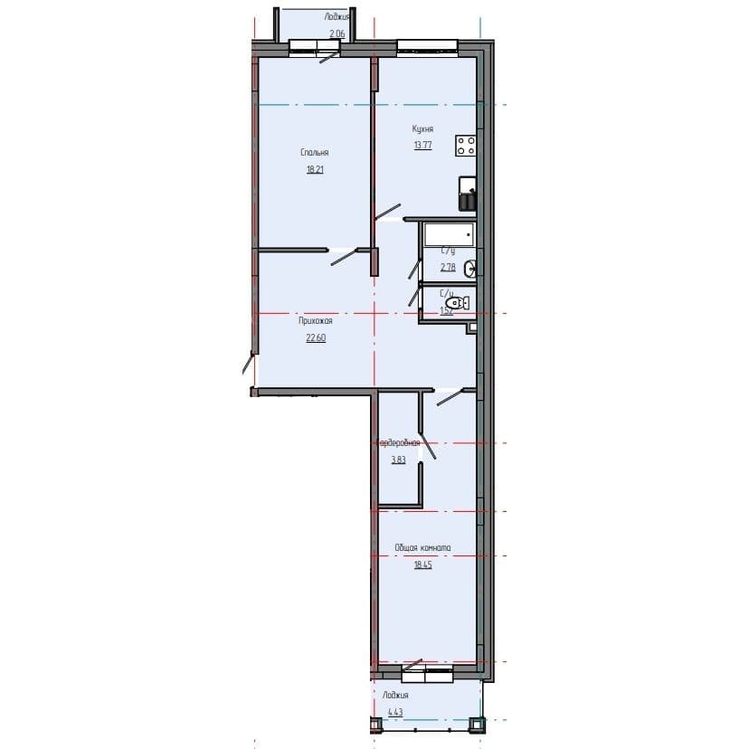 Планировка: Лот 6797556c: квартира №40, секция 2, 2-комнатная квартира 84,41 м² в ЖК "Звездный", С4