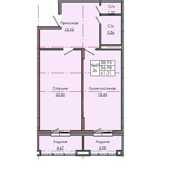 Планировка: Лот 6e76669c: квартира №69, секция 2, 2-комнатная квартира 61,31 м² в ЖК "Звездный", С5