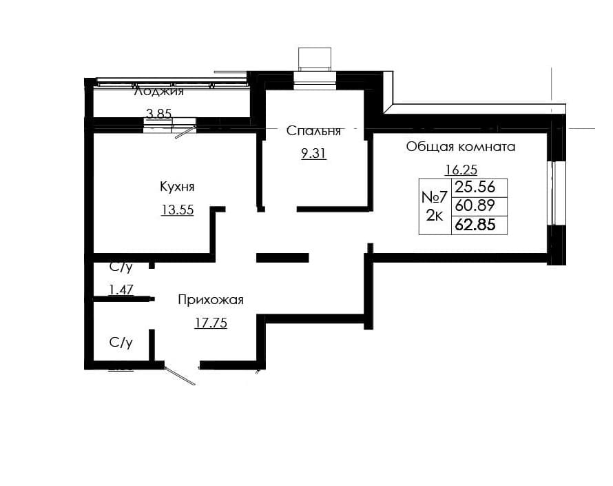 Планировка: Лот 746af0ae: квартира №7, секция 1, 2-комнатная квартира 62,85 м² в ЖК по ул. Красноярова