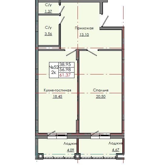 Планировка: Лот 94b426f8: квартира №52, секция 2, 2-комнатная квартира 61,37 м² в ЖК "Звездный", С5