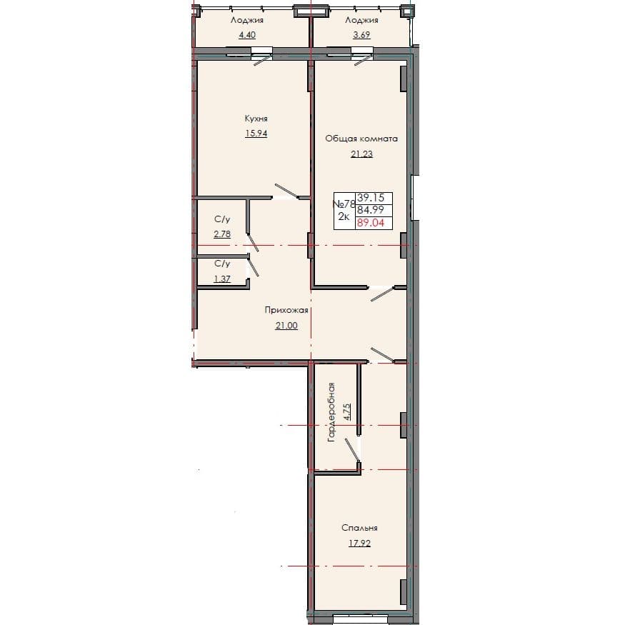 Планировка: Лот 9dca2c01: квартира №78, секция 3, 2-комнатная квартира 89,04 м² в ЖК "Звездный", С5