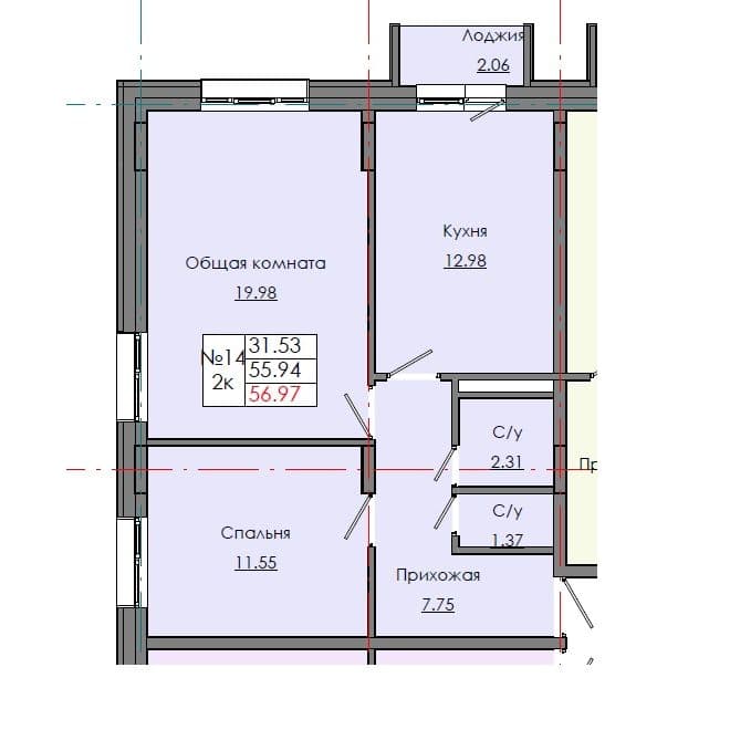 Планировка: Лот 9df0bc49: квартира №14, секция 1, 2-комнатная квартира 56,97 м² в ЖК "Звездный", С5