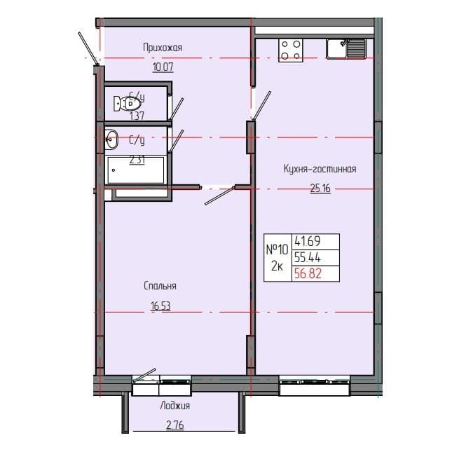 Планировка: Лот b3cce38d: квартира №10, секция 1, 2-комнатная квартира 56,82 м² в ЖК "Звездный", С4