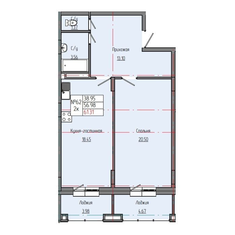 Планировка: Лот b814dfe5: квартира №62, секция 2, 2-комнатная квартира 61,31 м² в ЖК "Звездный", С4