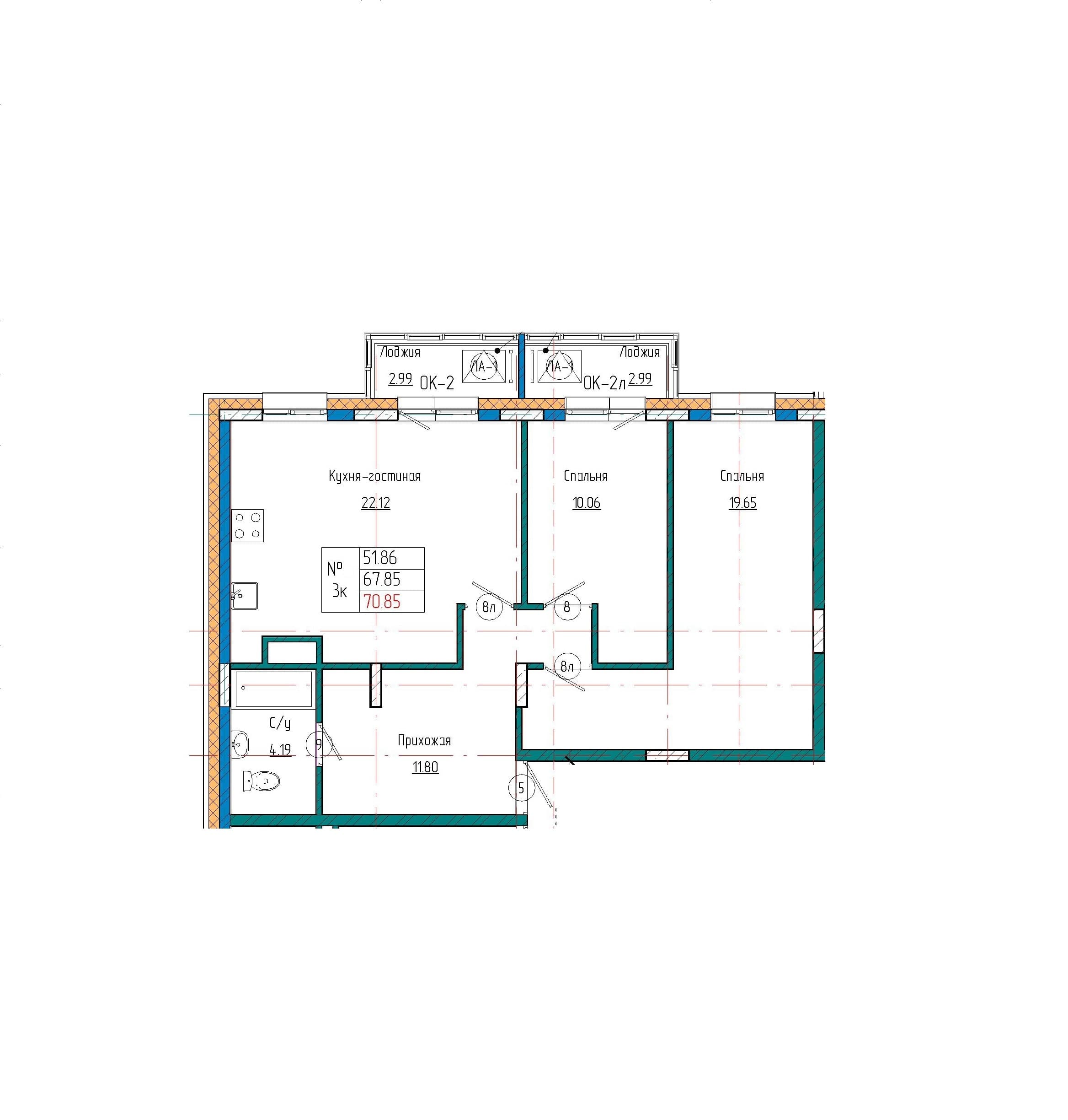 Планировка: Лот cffe4cb4: квартира №41, секция 1, 3-комнатная квартира 70,85 м² в ЖК на ул. Кузьмина