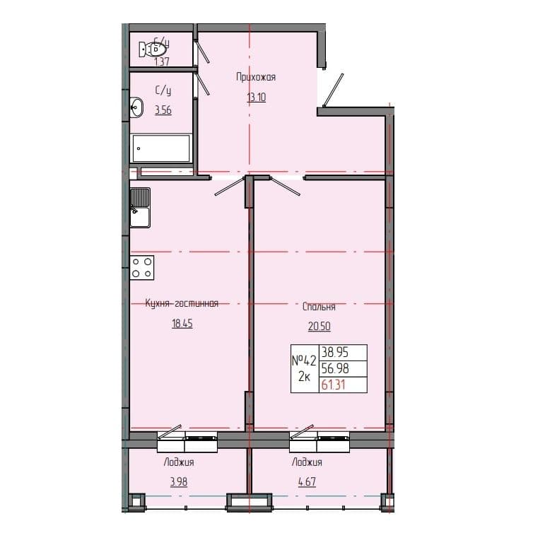Планировка: Лот d57a5d51: квартира №42, секция 2, 2-комнатная квартира 61,31 м² в ЖК "Звездный", С4
