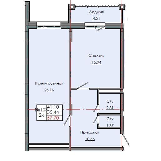Планировка: Лот dccf4ce8: квартира №103, секция 3, 2-комнатная квартира 57,7 м² в ЖК "Звездный", С5