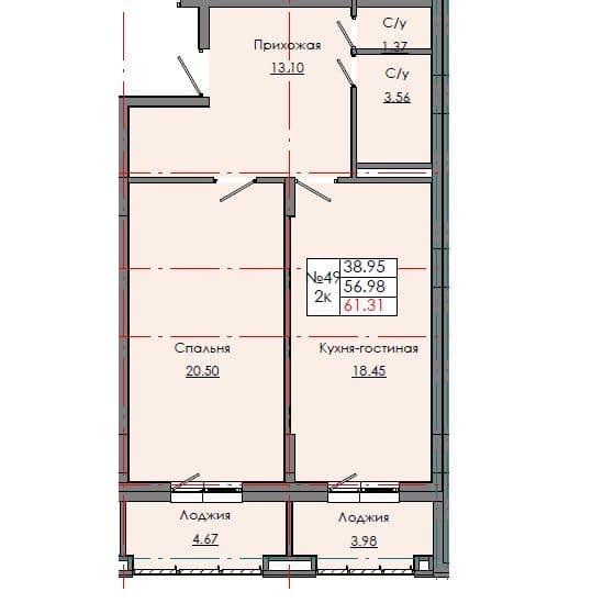 Планировка: Лот de7847f8: квартира №49, секция 2, 2-комнатная квартира 61,31 м² в ЖК "Звездный", С5