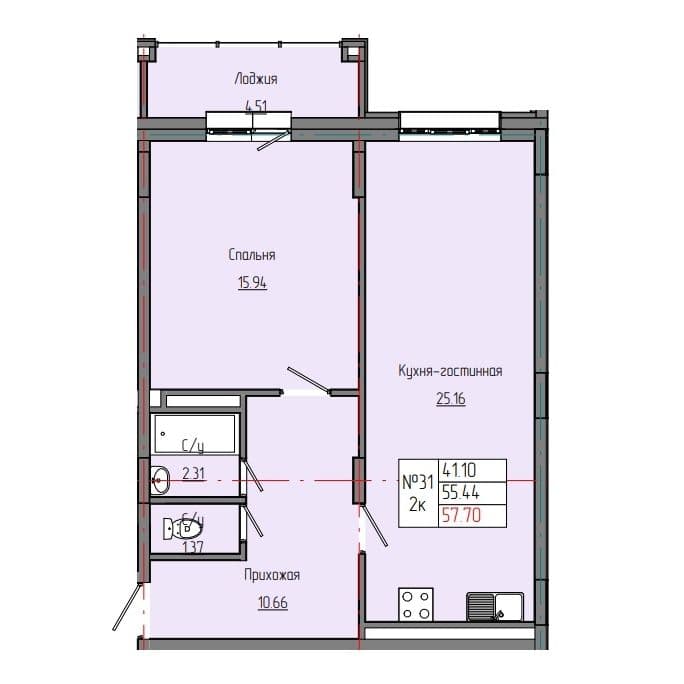 Планировка: Лот e0c87aca: квартира №31, секция 1, 2-комнатная квартира 57,7 м² в ЖК "Звездный", С4