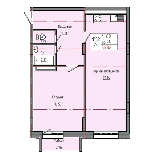 Планировка: Лот f9a8c2e4: квартира №32, секция 1, 2-комнатная квартира 56,82 м² в ЖК "Звездный", С4