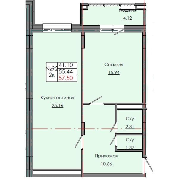 Планировка: Лот fa041690: квартира №92, секция 3, 2-комнатная квартира 57,5 м² в ЖК "Звездный", С5