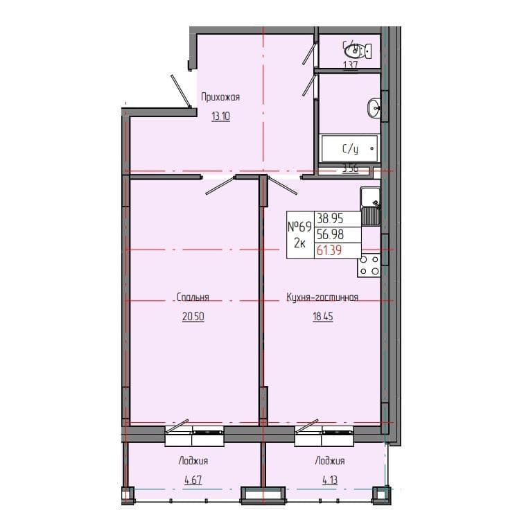 Планировка: Лот fd504955: квартира №69, секция 2, 2-комнатная квартира 61,39 м² в ЖК "Звездный", С4