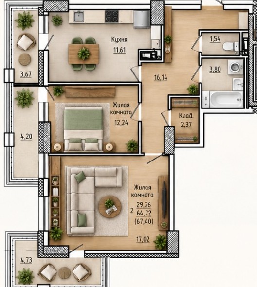 Планировка: Лот bb7c298f: квартира №38, секция 1, 2-комнатная квартира 67,4 м² в ЖК "Сулус"