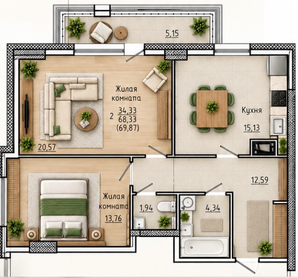 Планировка: Лот ab710cf7: квартира №19, секция 1, 2-комнатная квартира 69,88 м² в ЖК "Сулус"