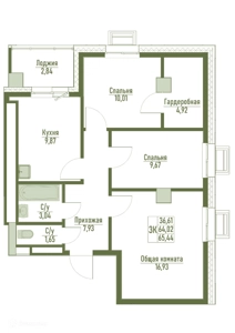 Планировка: Лот 1a641ffe: квартира №74, секция 1, 3-комнатная квартира 65 м² в Жк "Наследие" ул Пекарского