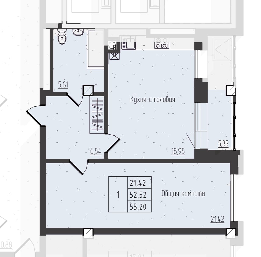 Планировка: 1-комнатная квартира 55,2 м² в ЖК «Ступени», 16 этаж