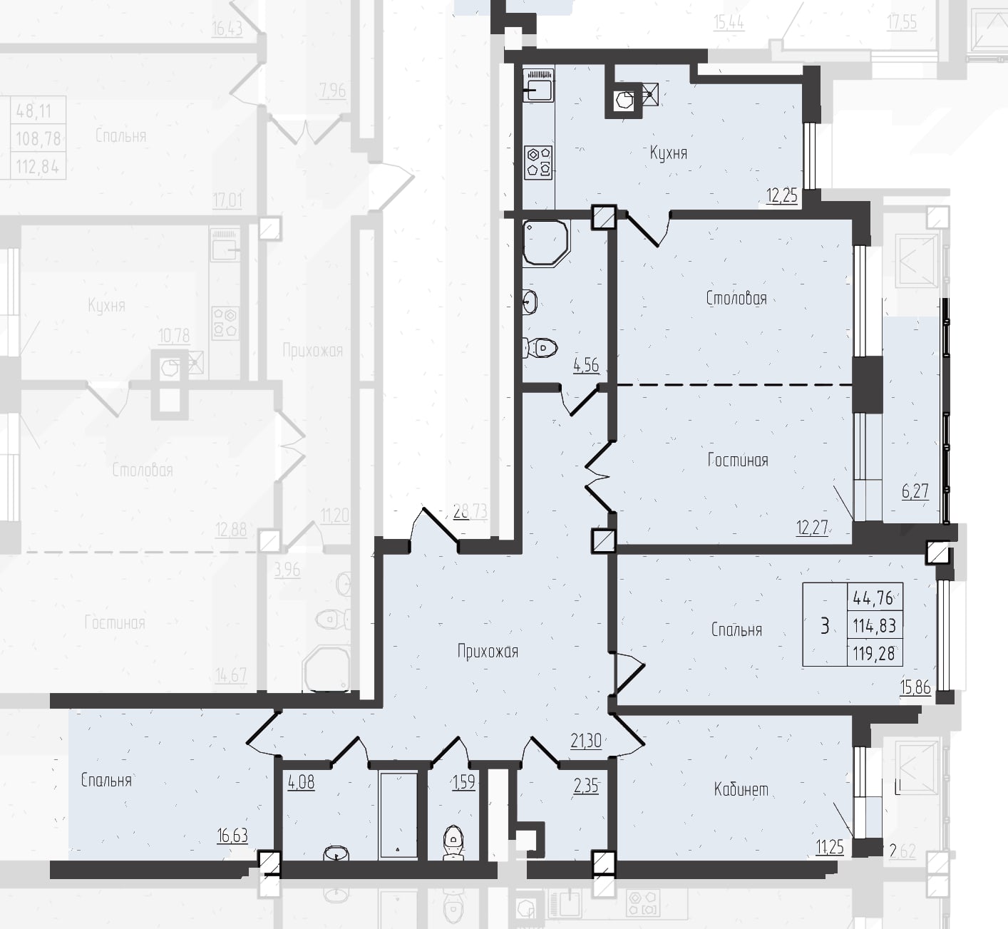 Планировка: 3-комнатная квартира 119,28 м² в ЖК «Ступени», 15 этаж